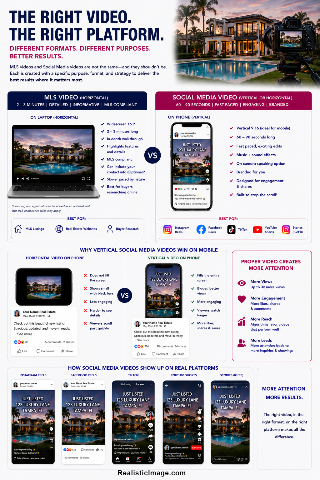 The Right Video. The Right Platform. Infographic comparing MLS Video and Social Media Video formats, platforms, and performance.